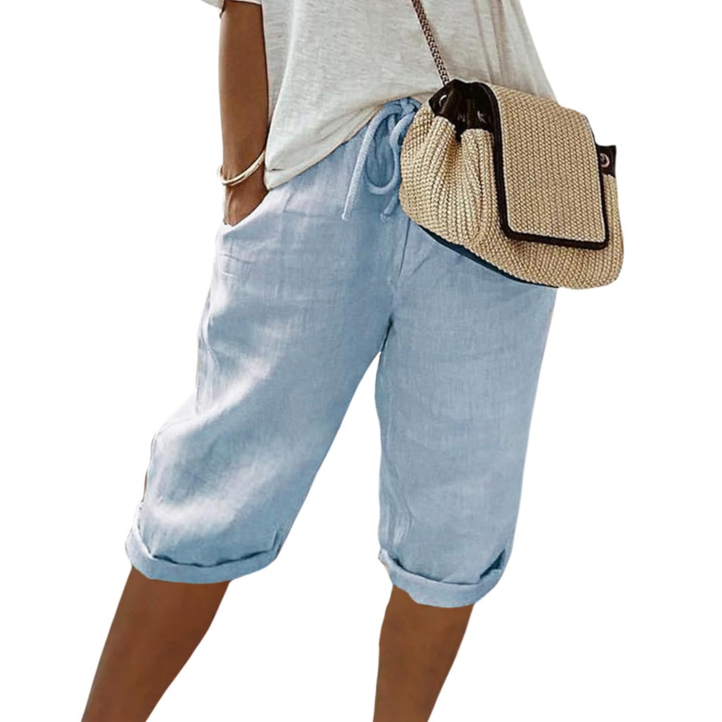 FONDBERYL Womens Cotton Linen Shorts Knee Length Drawstring Elastic Waist Summer Casual Gym Going Out Shorts with Pockets