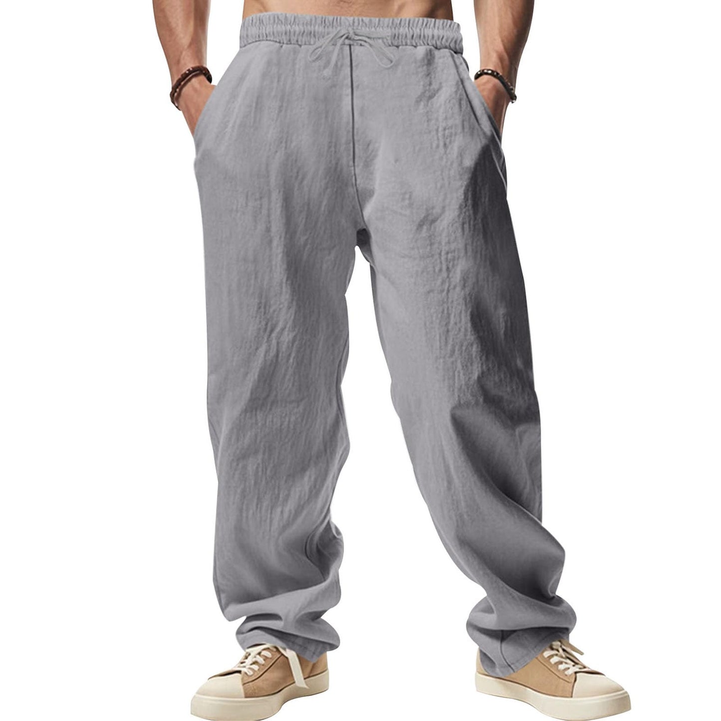 GYMTSL Mens Linen Pants Drawstring Baggy Casual Summer Trousers Straight-Legs Elastic Waist Beach Pants with Pockets