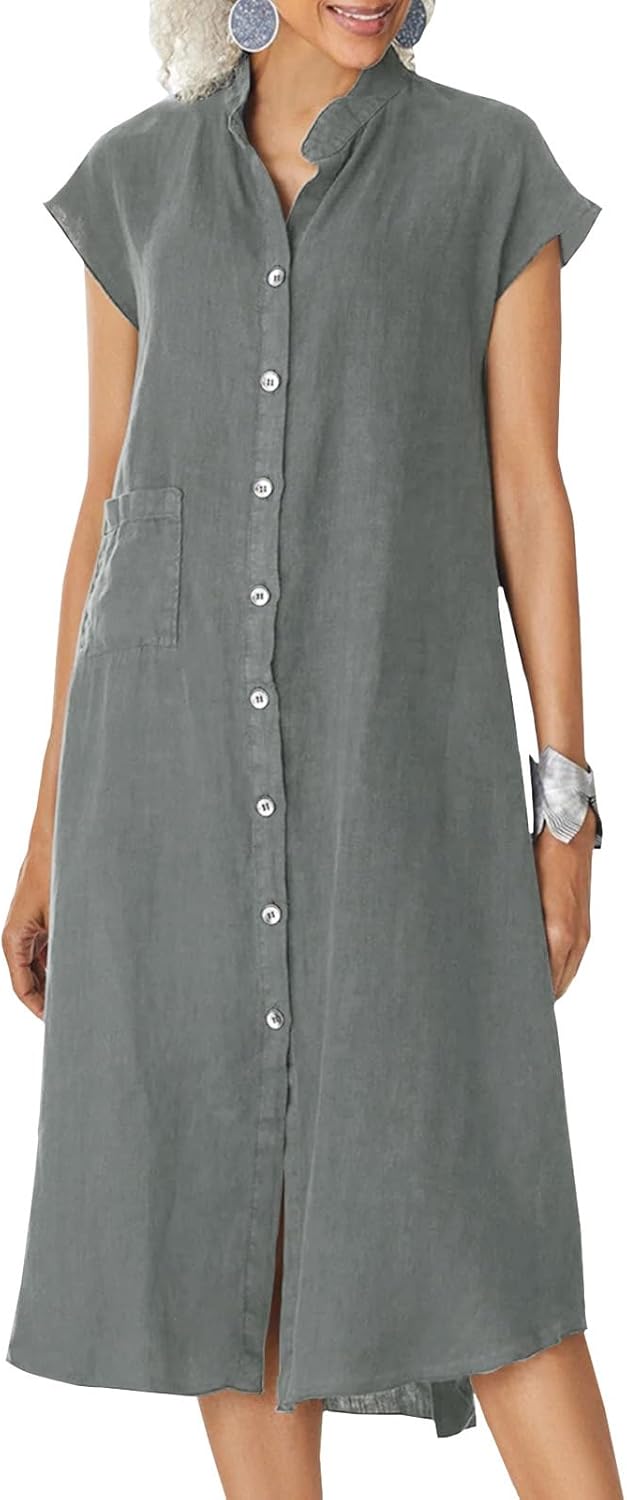 NAILONG Linen Button Up Shirt Dress for Women, Cap Sleeve Summer Casual Flowy Beach Vacation Linen Midi Dress with Pockets