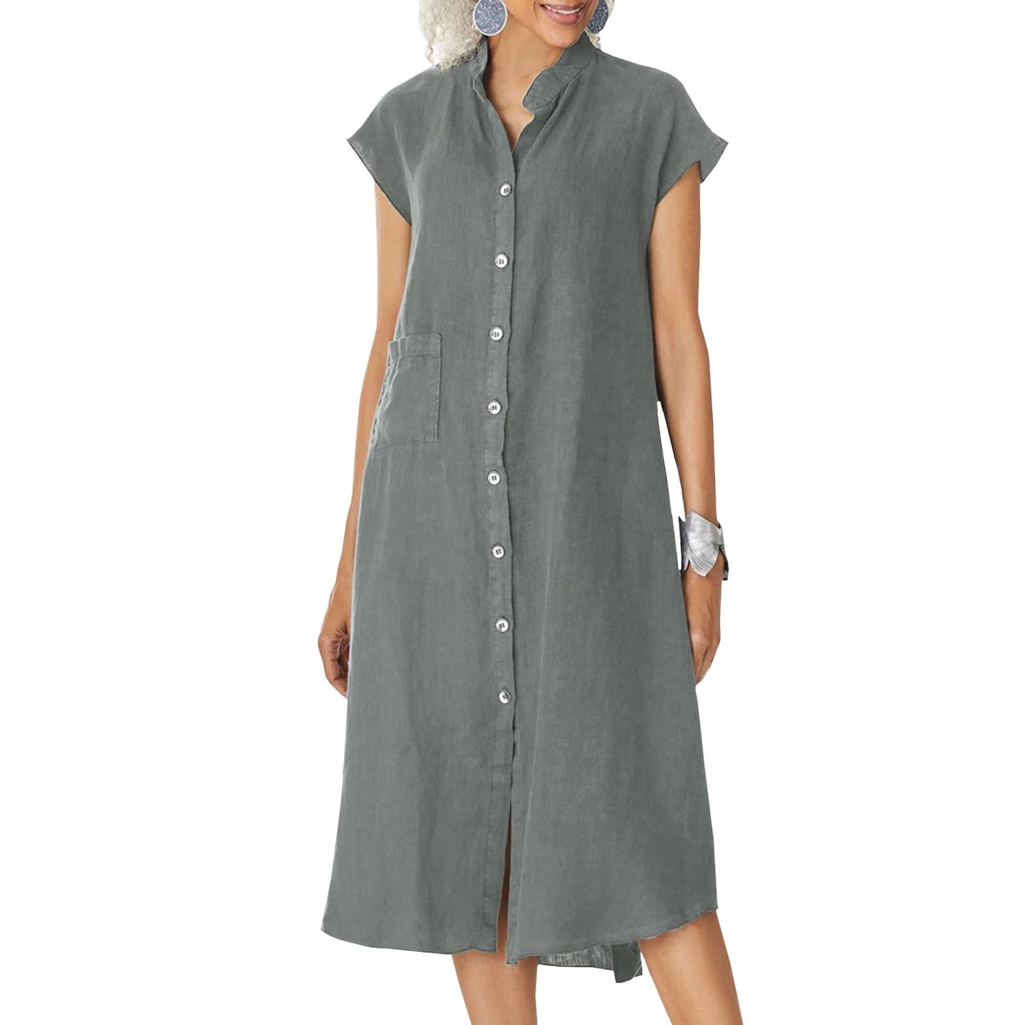 NAILONG Linen Button Up Shirt Dress for Women, Cap Sleeve Summer Casual Flowy Beach Vacation Linen Midi Dress with Pockets