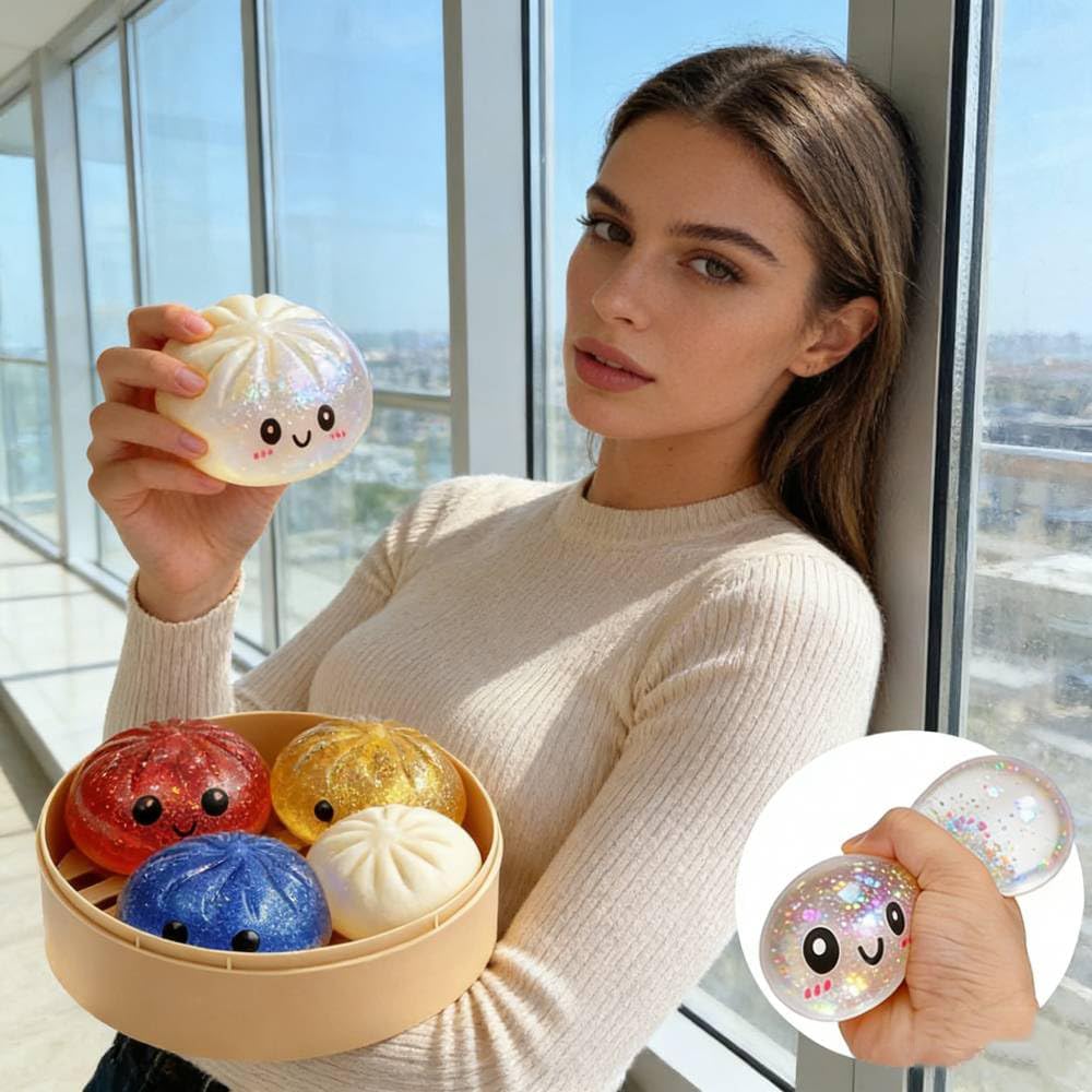 Kribee Glitter Dumpling Squishy-Giant Dumpling Squishy Fidget Toy with Steamer Case,Mega Rainbow Slow-Rising Sensory Decompression Toy, Thermoplastic Rubber, Stress Relief for Adults (Red)