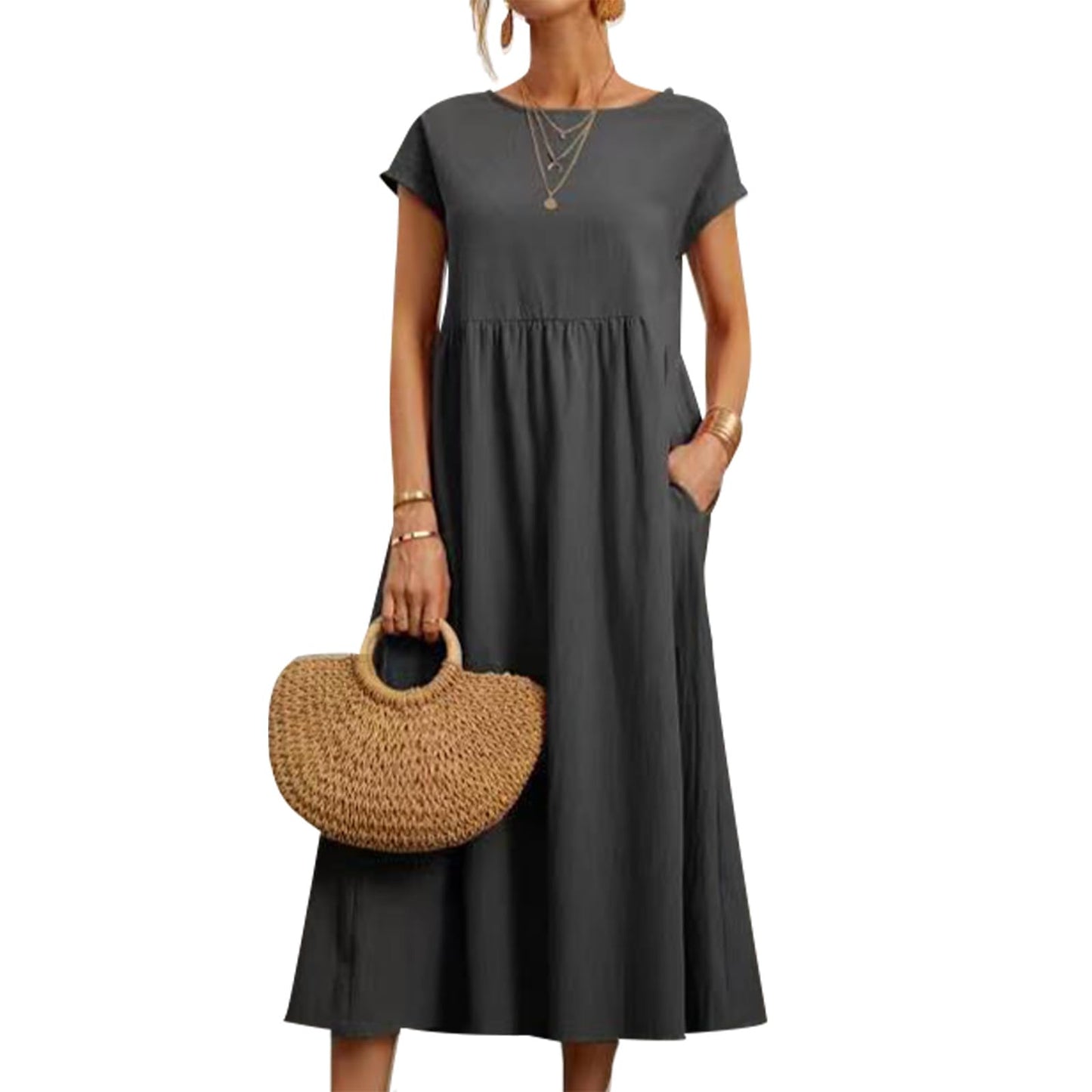 gukoo Cotton Linen Dress for Women Short Sleeve Casual Crew Neck Loose Maxi Summer 2026 Beach Vacation Dress with Pockets