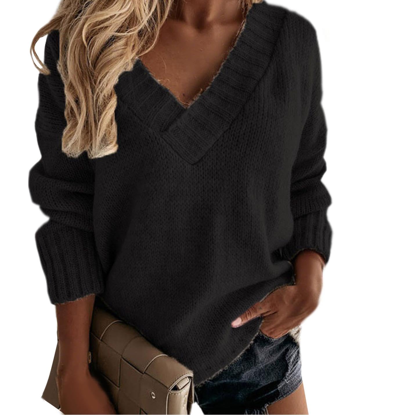 GYMTSL Women's Winter Sweater 2025 Fall Casual Timeless Long Sleeve Solid V Neck Chunky Sweater Pull Over Tops