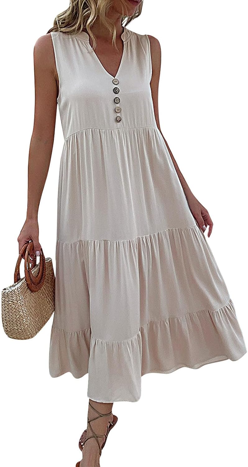 FONDBERYL Sleeveless Midi Dress for Women, V Neck Tank Dress with Tiered Ruffle Hem Flowy A Line Casual Spring Summer Dresses