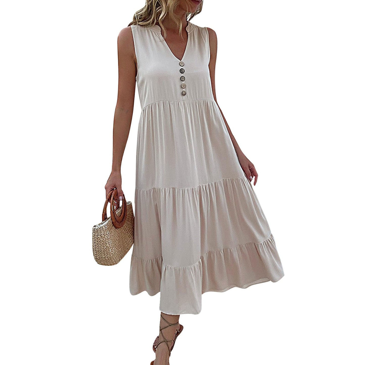 FONDBERYL Sleeveless Midi Dress for Women, V Neck Tank Dress with Tiered Ruffle Hem Flowy A Line Casual Spring Summer Dresses