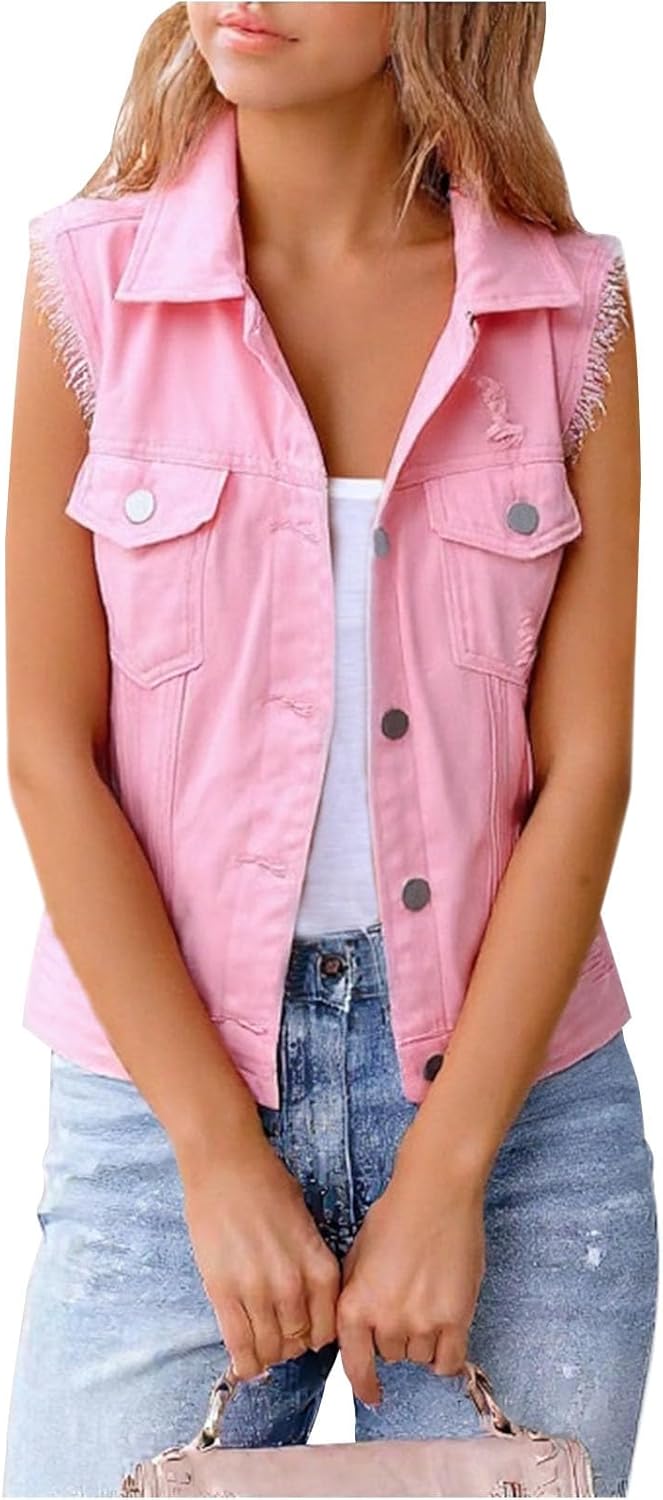 WAZZAP Women's Sleeveless Denim Vest Cropped Button Down Lightweight Casual Jean Vest Women Jean Tops