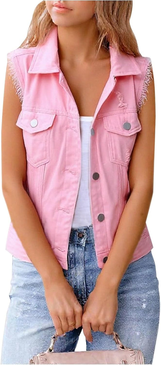 WAZZAP Women's Sleeveless Denim Vest Cropped Button Down Lightweight Casual Jean Vest Women Jean Tops