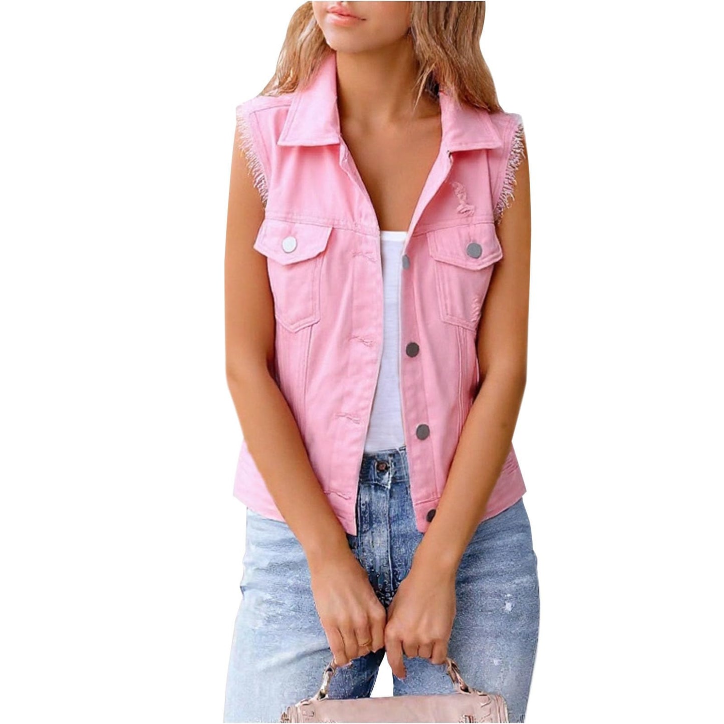 WAZZAP Women's Sleeveless Denim Vest Cropped Button Down Lightweight Casual Jean Vest Women Jean Tops