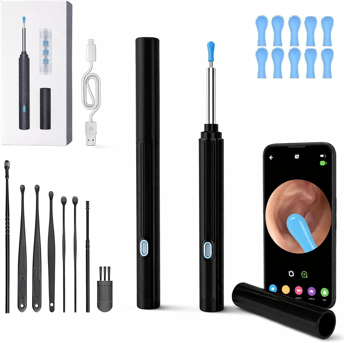 Kribee 10MP HD Ear Cleaner with Camera – 2-in-1 Ear Wax Removal Camera Tool with Precision Tweezers & Silicone Scoop, LED Lights, IP67 Waterproof, Wireless and Easy to Use (Black)