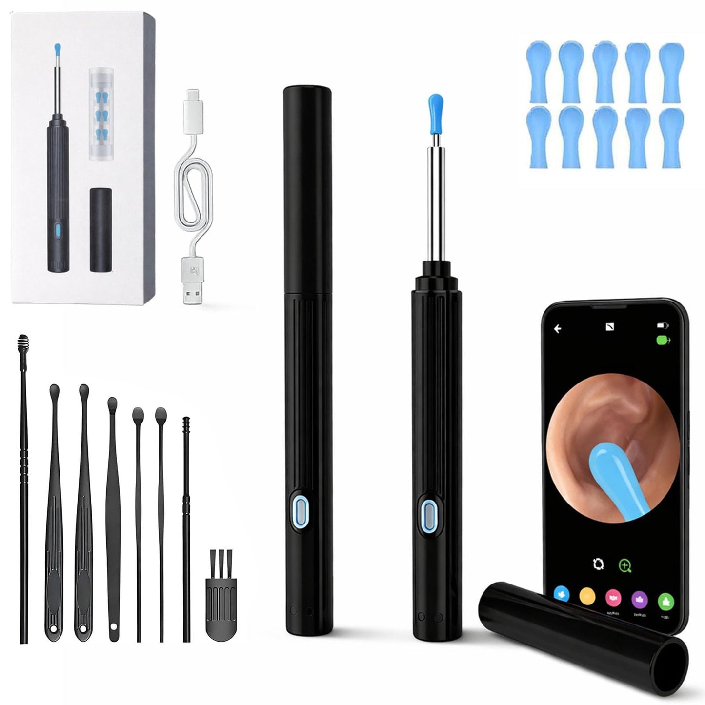 Kribee 10MP HD Ear Cleaner with Camera – 2-in-1 Ear Wax Removal Camera Tool with Precision Tweezers & Silicone Scoop, LED Lights, IP67 Waterproof, Wireless and Easy to Use (Black)