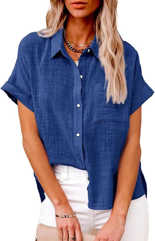 gukoo Tunic Shirts for Women Summer Vintage Casual Button Down V Neck Business Short Sleeve Workout Tops with Pocket