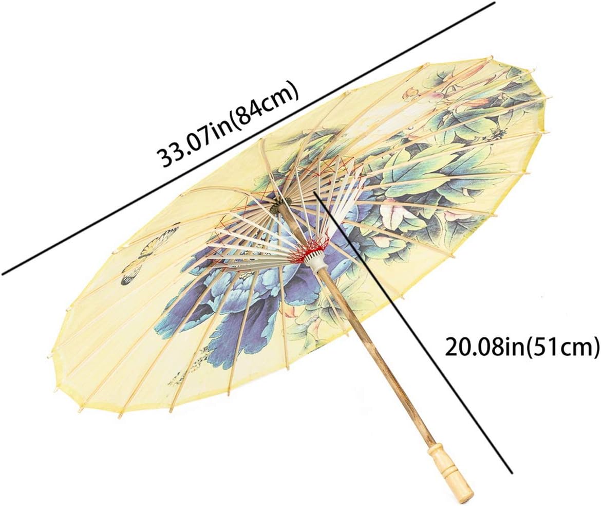 JiffPom Rainproof Handmade Chinese Oiled Paper Umbrella Parasol 33" Peony and Butterfly, Yellow