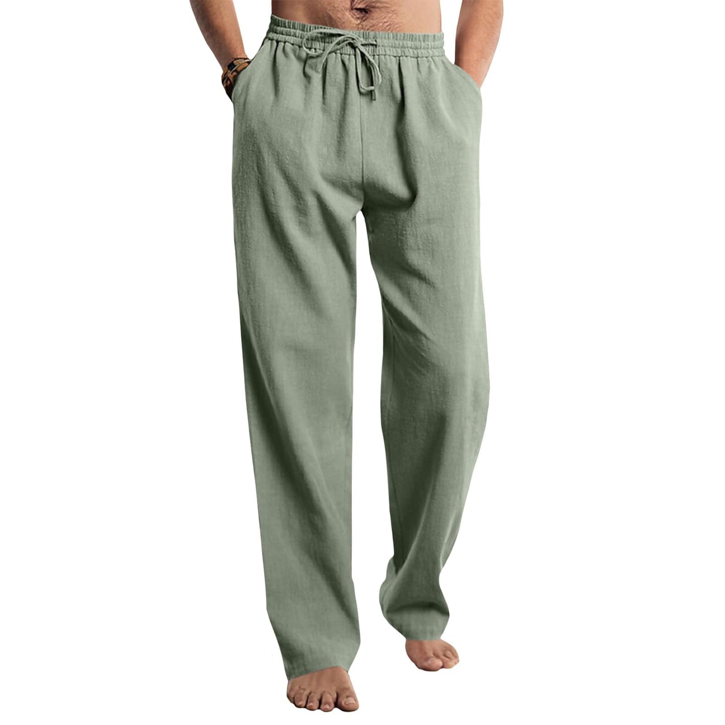 Befox Men Linen Pants,Casual Lightweight Loose Fit Elastic Drawstring Waist Loose Trousers Summer Beach Pants
