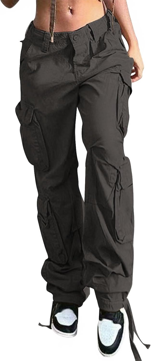 Reigee Womens Low Waisted Cargo Pants with Pockets, Y2K Baggy Stretchy Jeans for Women Streetwear Casual Straight Leg Cargo Trousers