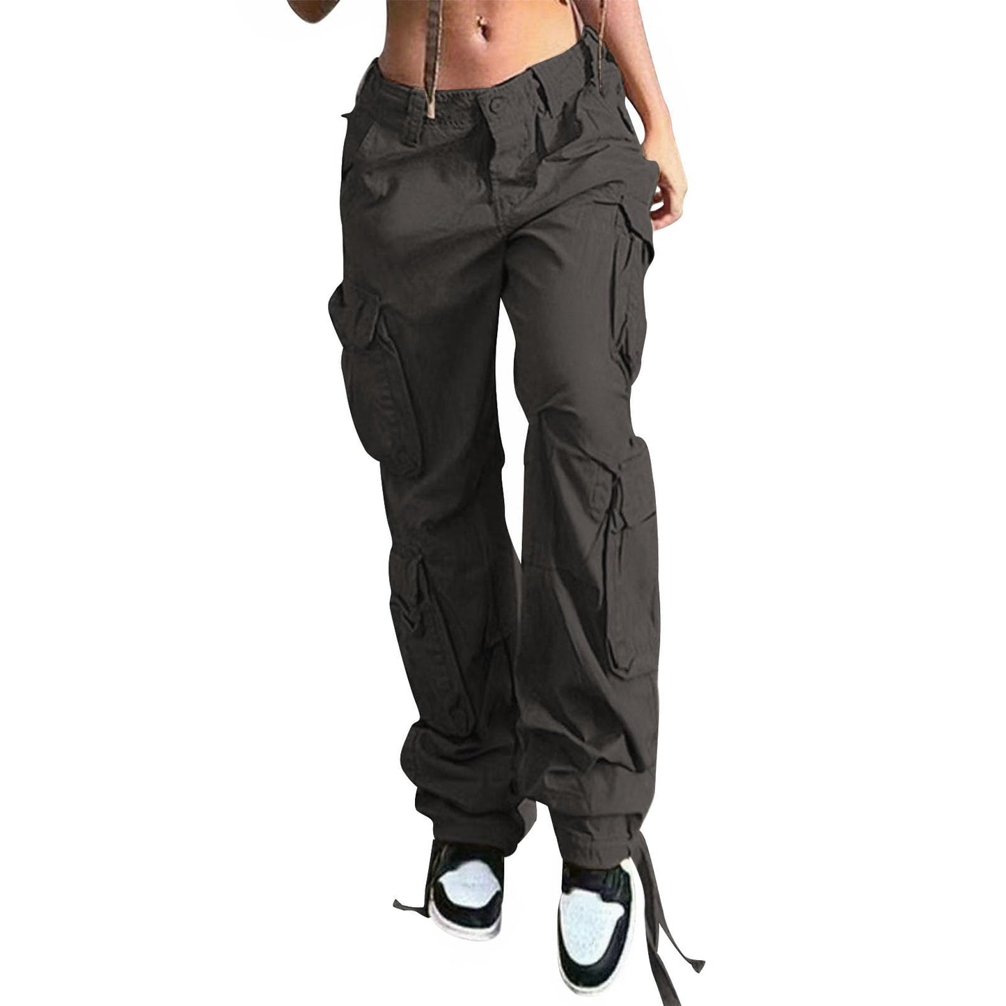Reigee Womens Low Waisted Cargo Pants with Pockets, Y2K Baggy Stretchy Jeans for Women Streetwear Casual Straight Leg Cargo Trousers