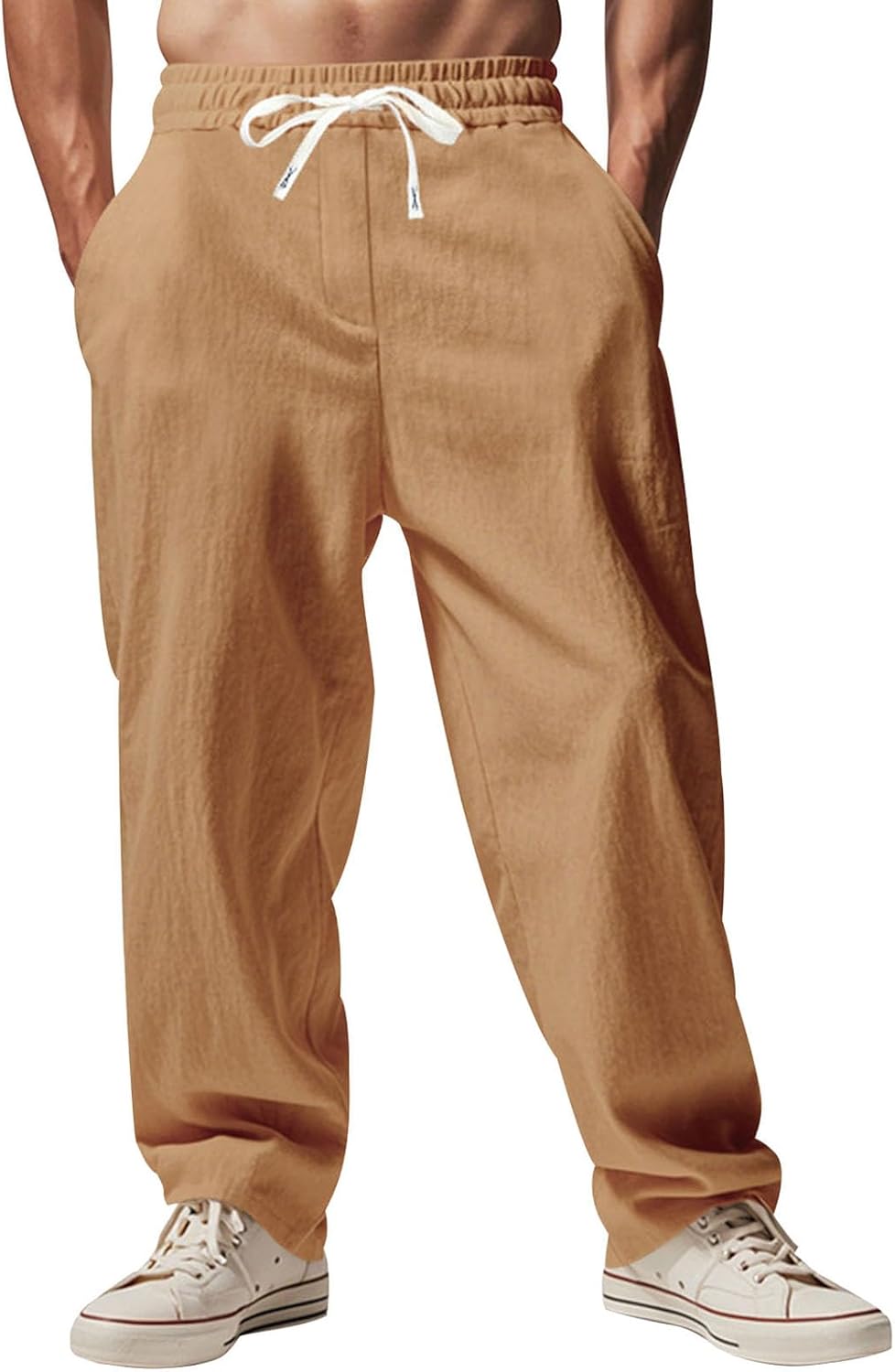 Alivebody Mens Linen Pants Straight-Legs Elastic Waist Casual Summer Beach Pants Drawstring Lightweight Trousers with Pockets
