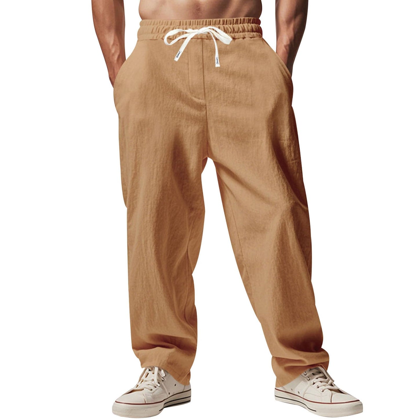 Alivebody Mens Linen Pants Straight-Legs Elastic Waist Casual Summer Beach Pants Drawstring Lightweight Trousers with Pockets