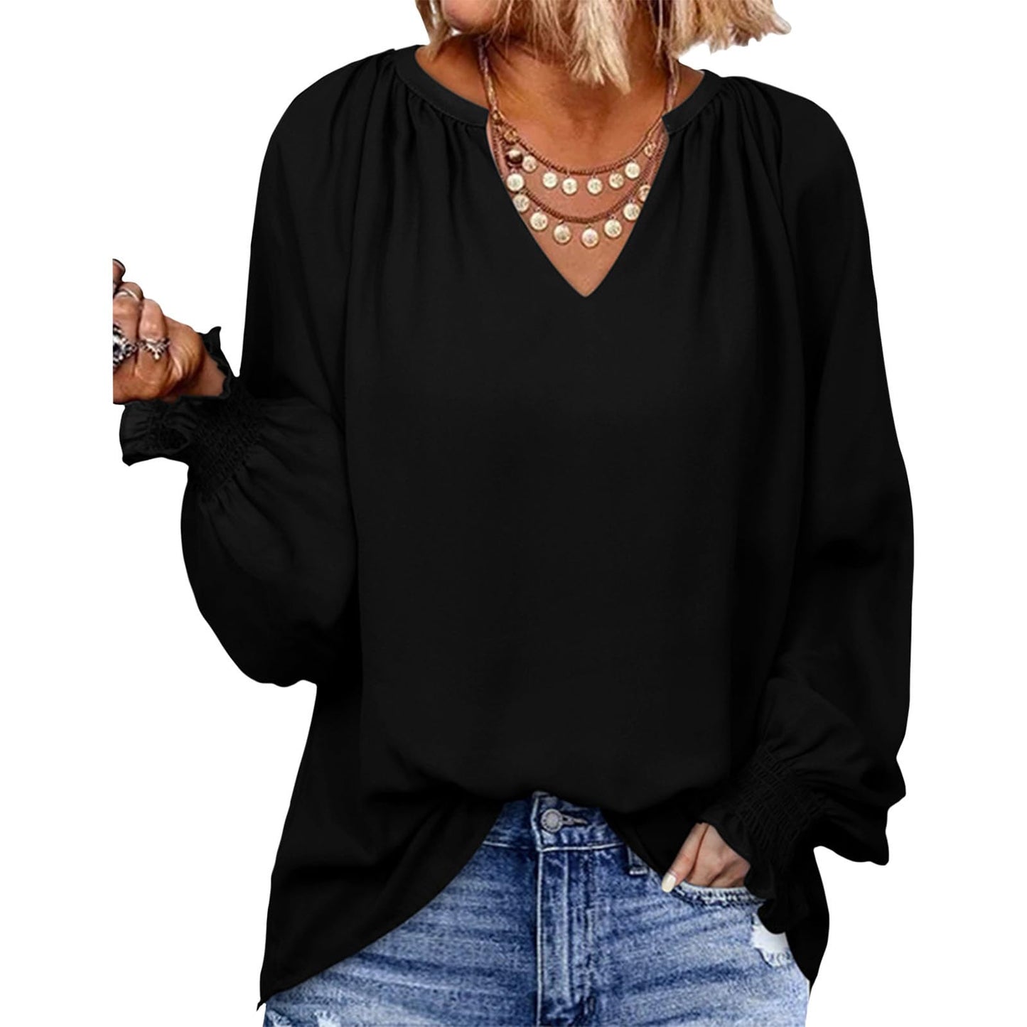 Gymrex Pleated Tops for Women - Lantern Sleeve Top V Neck Pleated Blouse Spring 2026 Trendy Long Sleeve Plus Size Shirt