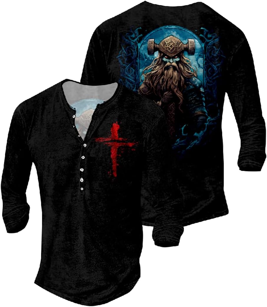 JiffPom Jesus Shirts for Men Distressed Henley Shirts Retro Cross Shirt Long Sleeve Shirt V Neck Button Down Washed T-Shirts