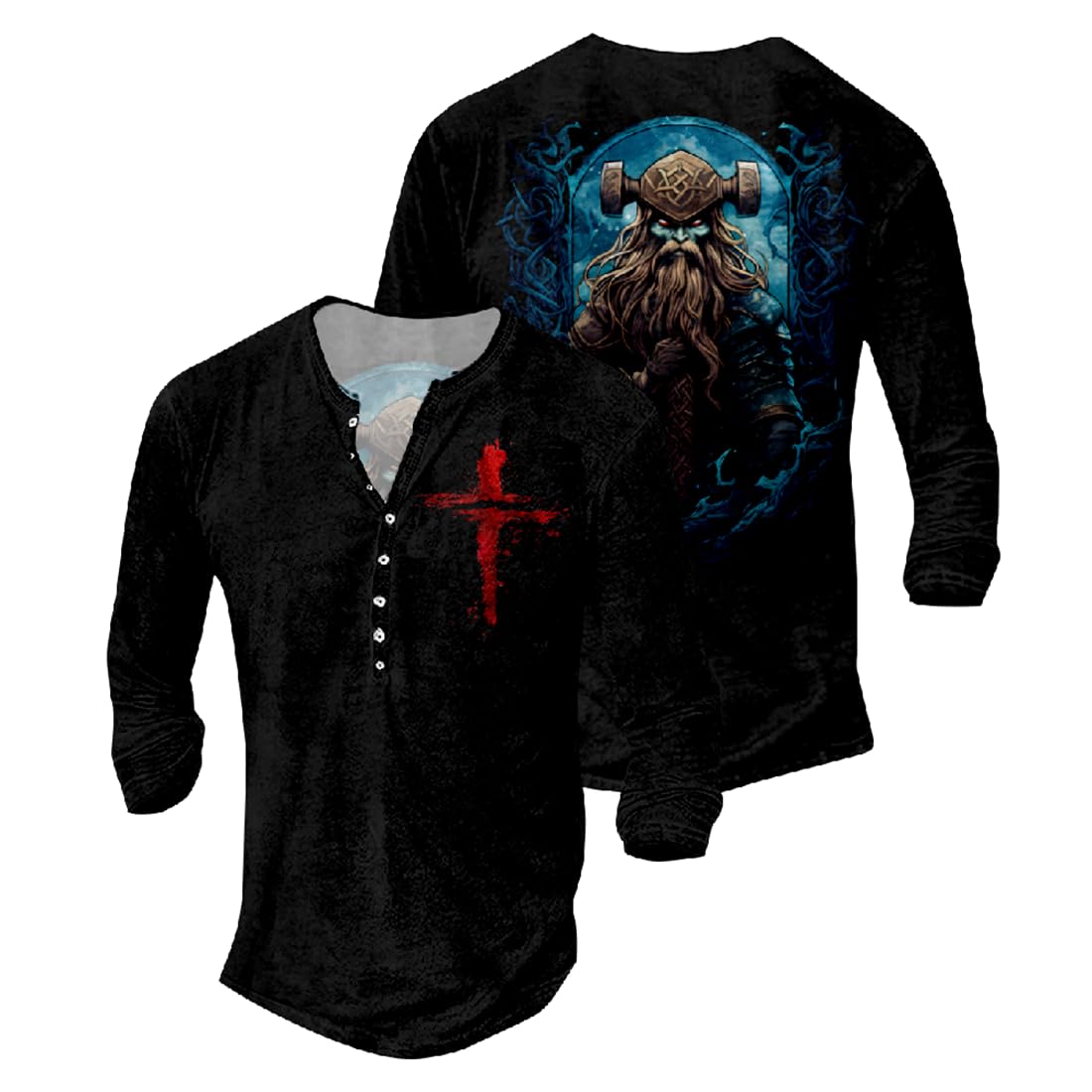 JiffPom Jesus Shirts for Men Distressed Henley Shirts Retro Cross Shirt Long Sleeve Shirt V Neck Button Down Washed T-Shirts