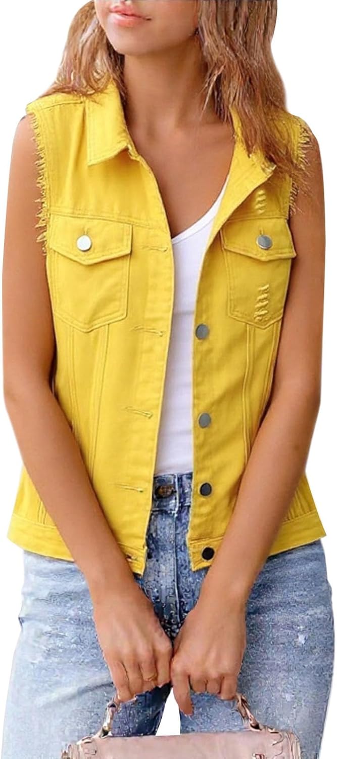 WAZZAP Women's Sleeveless Denim Vest Cropped Button Down Lightweight Casual Jean Vest Women Jean Tops