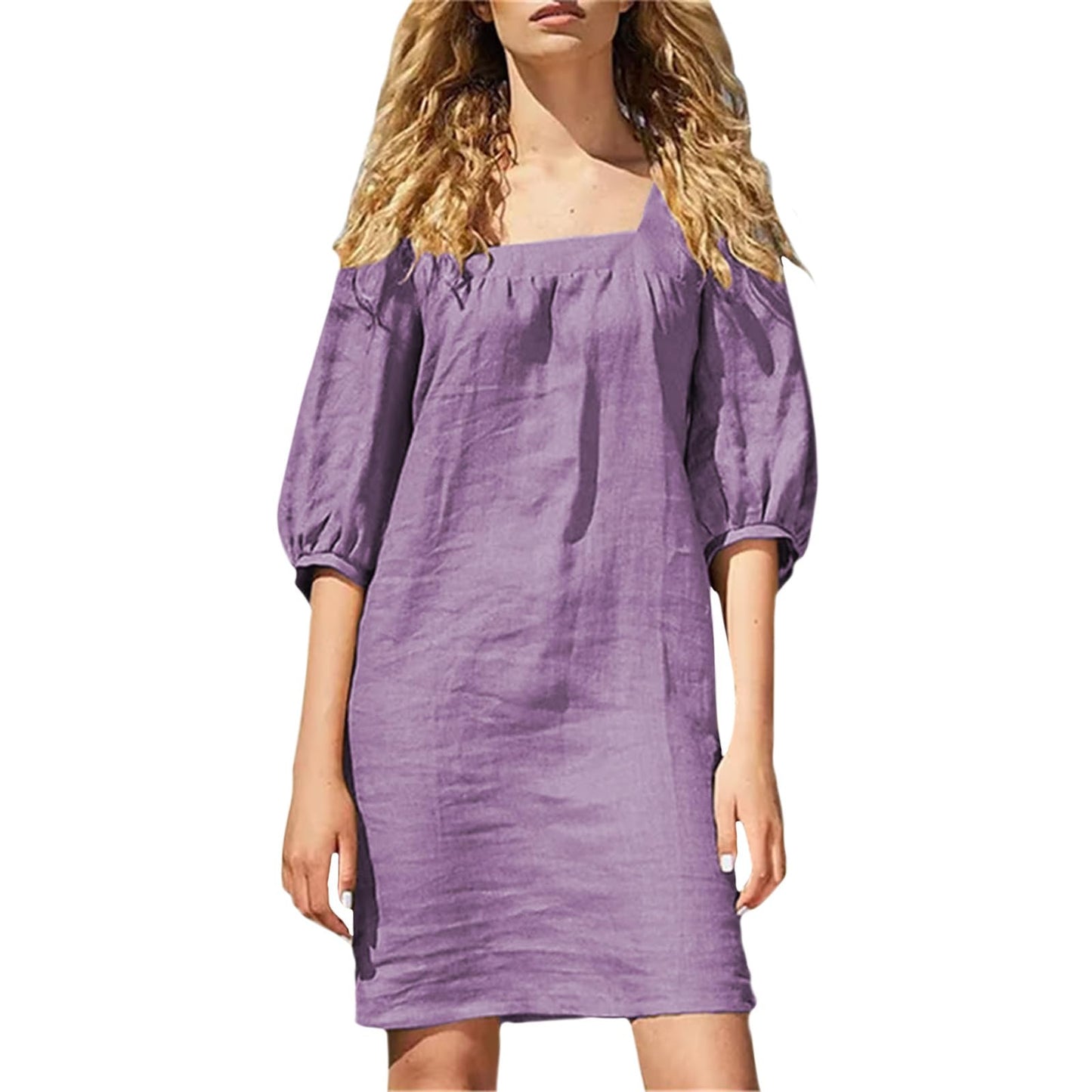 NAILONG Linen Mini Dress Women, Short Puff Sleeve Square Neck Elbow Sleeve Summer Casual Loose Beach Vacation Dress 2026