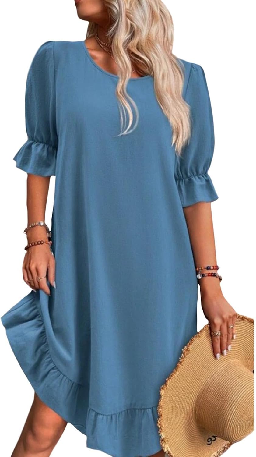 Reigee Cotton Dresses for Women Casual Summer Vacation Midi Ruffled Skirt Crewneck Falbala Solid Basic Dress