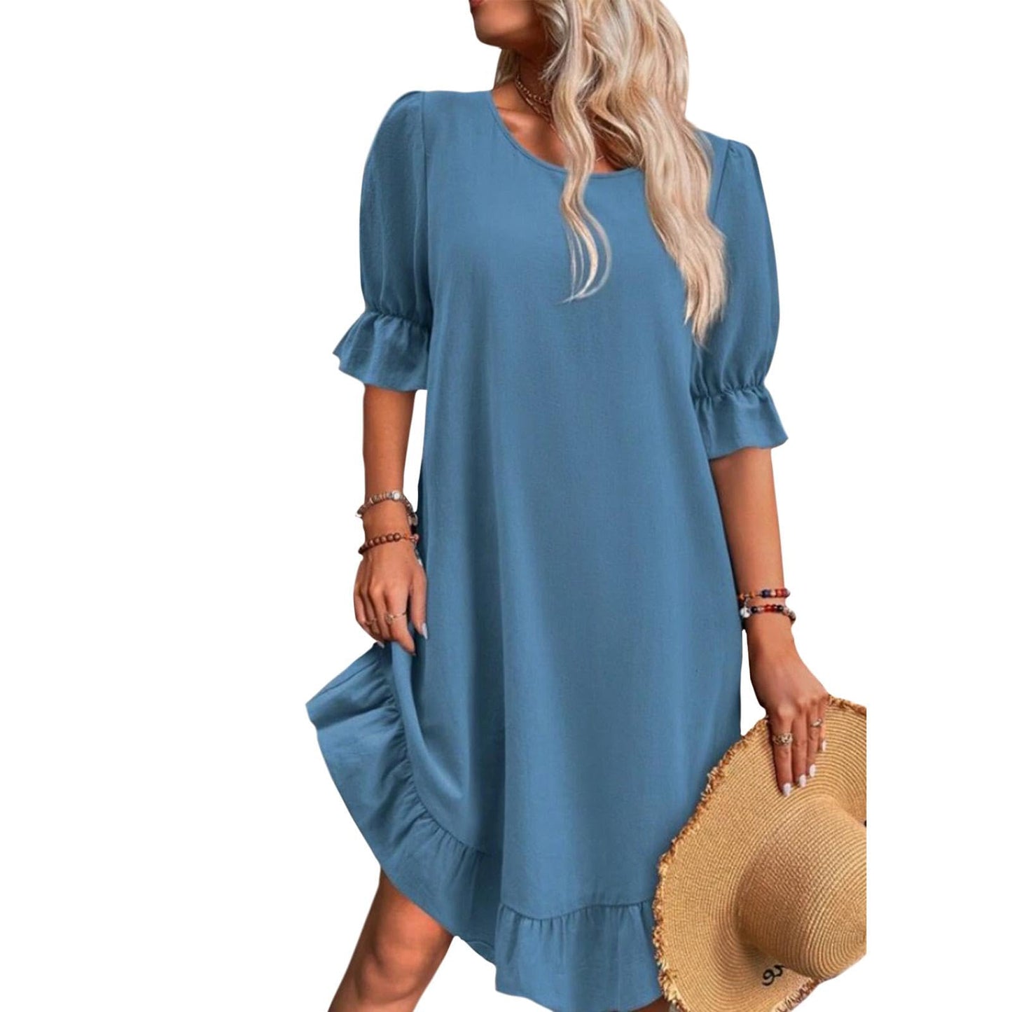 Reigee Cotton Dresses for Women Casual Summer Vacation Midi Ruffled Skirt Crewneck Falbala Solid Basic Dress