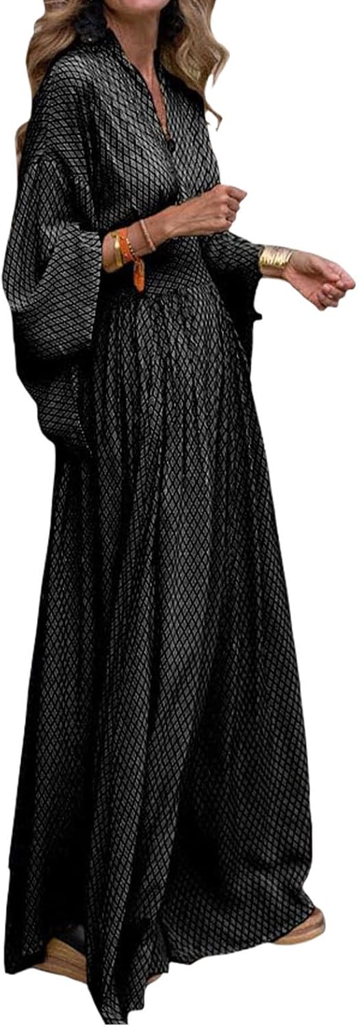Alivebody Flowy Long Boho Maxi Dress for Women with Deep V Neck & Bell Sleeves, Empire Waist Casual Wedding Guest Dress