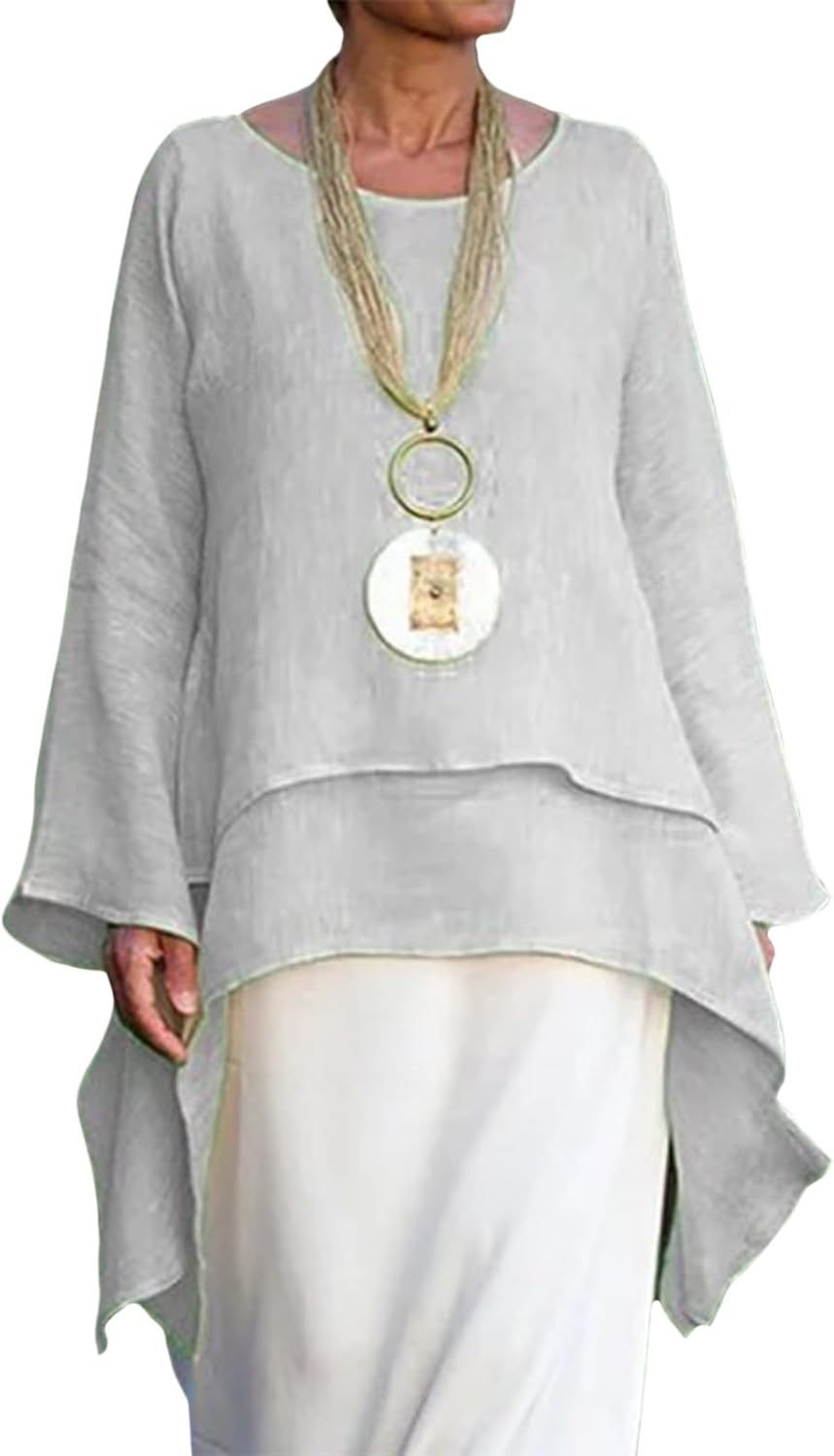 Befox Asymmetrical Hem Tops for Women Linen Blouse Long Sleeve Crew Neck Flowy Tunic Shirt Irregular Hem Plus Size Tops