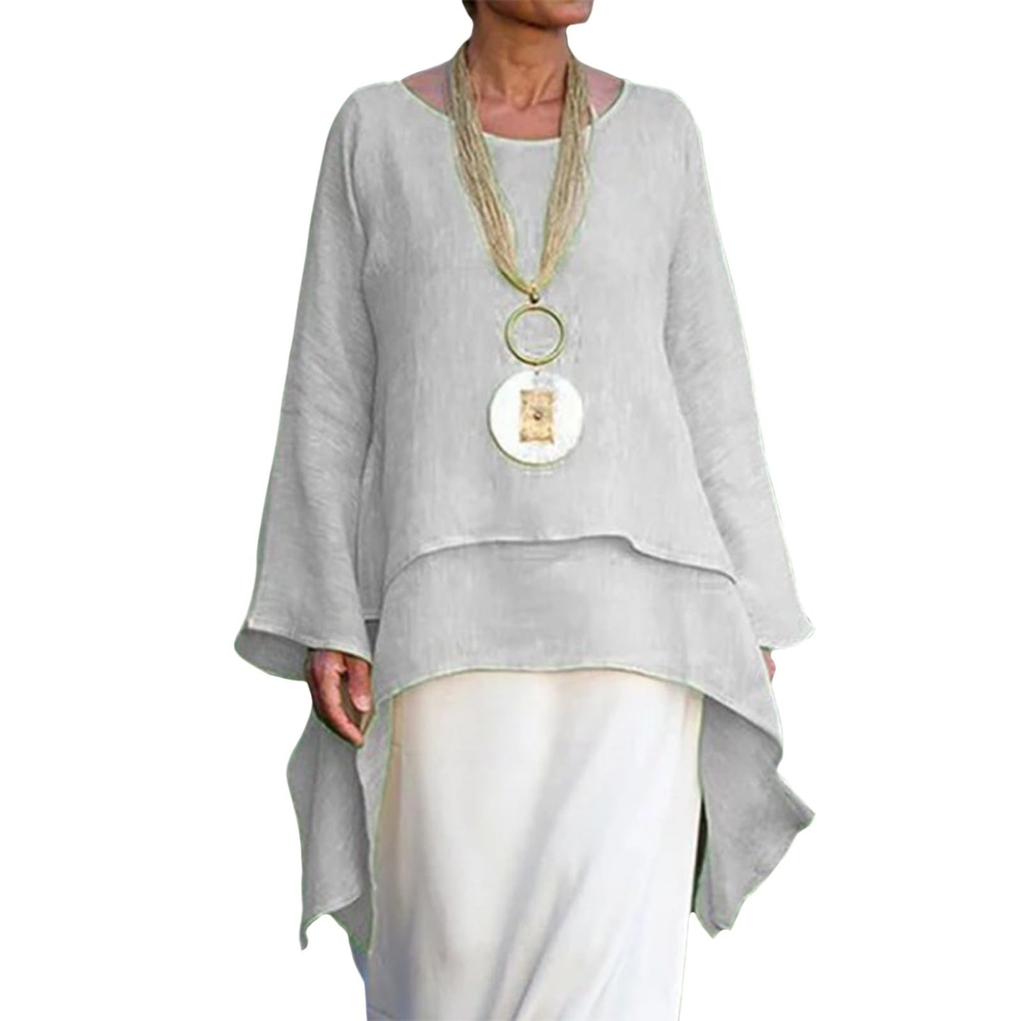 Befox Asymmetrical Hem Tops for Women Linen Blouse Long Sleeve Crew Neck Flowy Tunic Shirt Irregular Hem Plus Size Tops