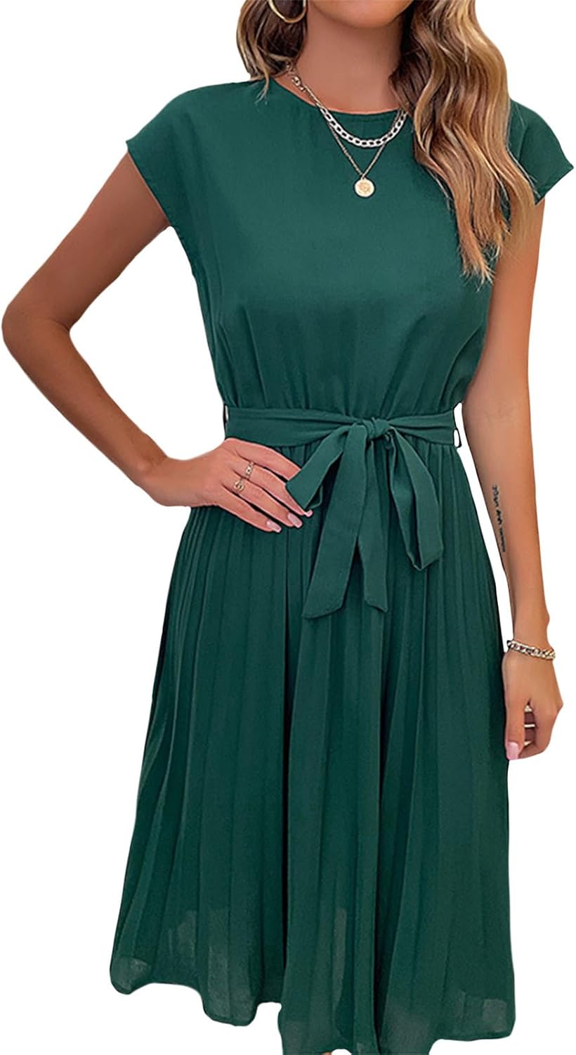 Bejirog Pleated Midi Dress for Women, Belted Tie Waist A-Line Short Sleeve Crew Neck Elegant Summer Wedding Guest Dress