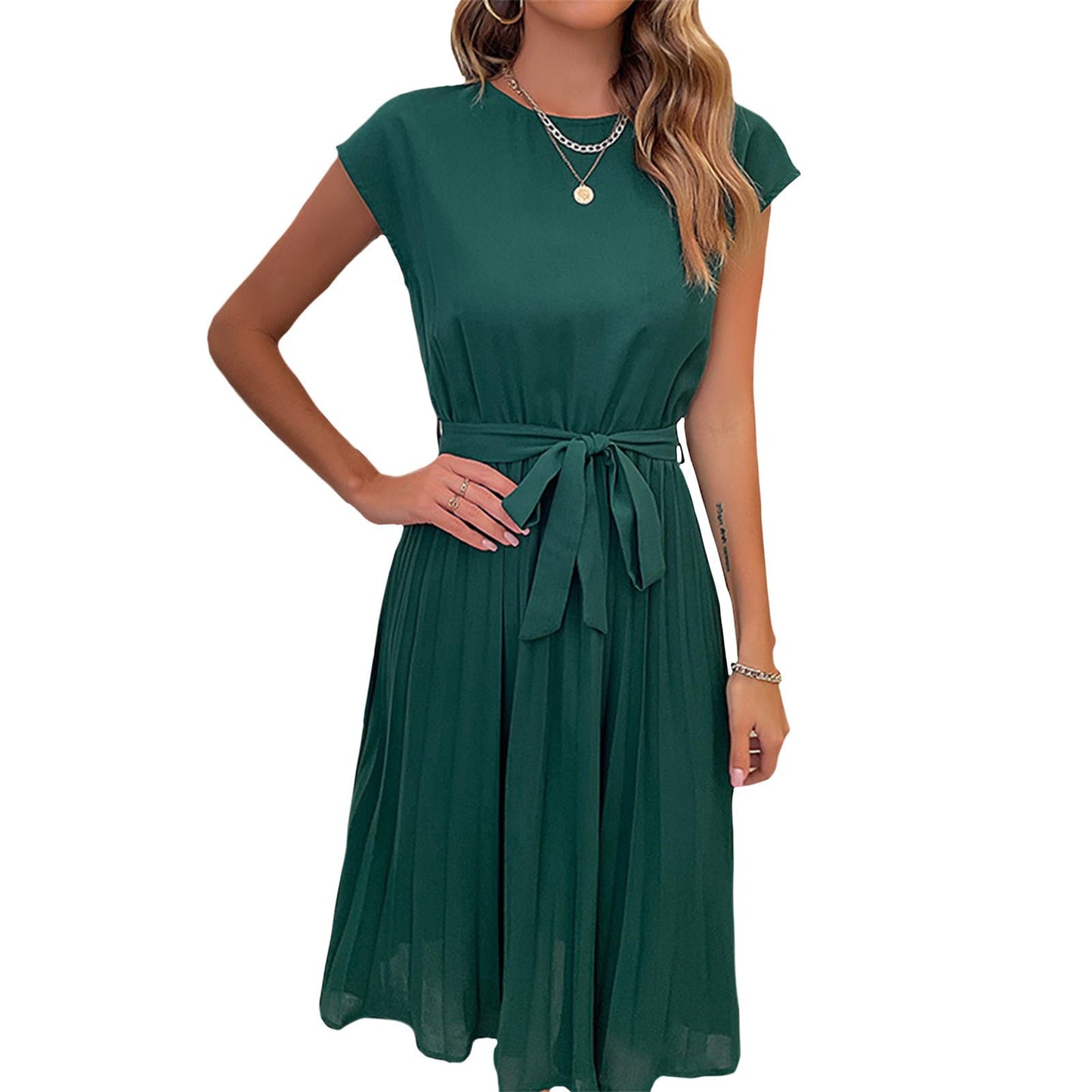 Bejirog Pleated Midi Dress for Women, Belted Tie Waist A-Line Short Sleeve Crew Neck Elegant Summer Wedding Guest Dress