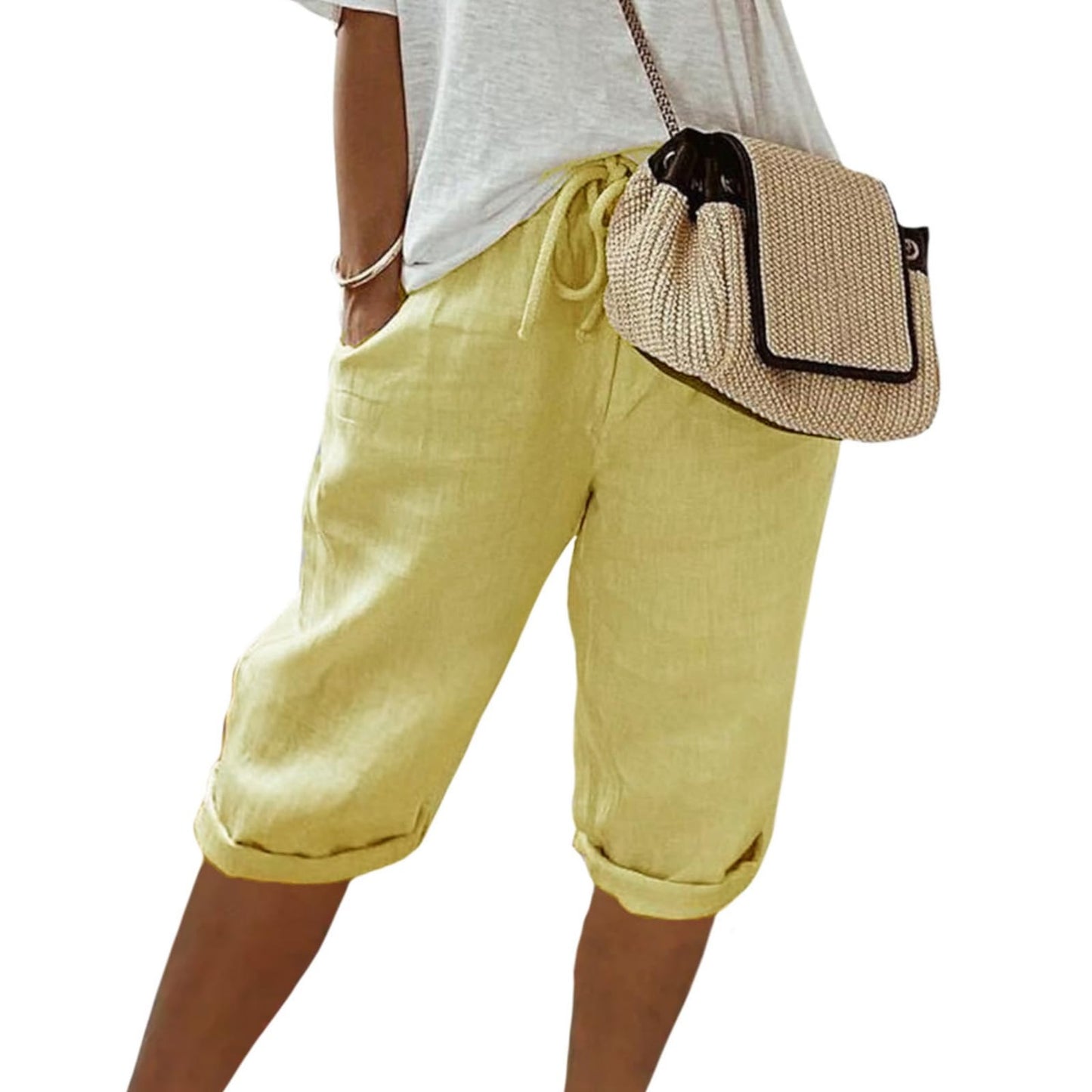 FONDBERYL Womens Cotton Linen Shorts Knee Length Drawstring Elastic Waist Summer Casual Gym Going Out Shorts with Pockets