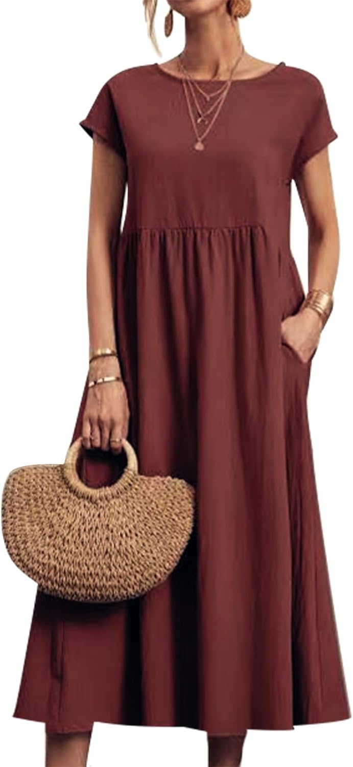 FONDBERYL Cotton Linen Dress for Women Short Sleeve Casual Crew Neck Loose Maxi Summer 2026 Beach Vacation Dress with Pockets