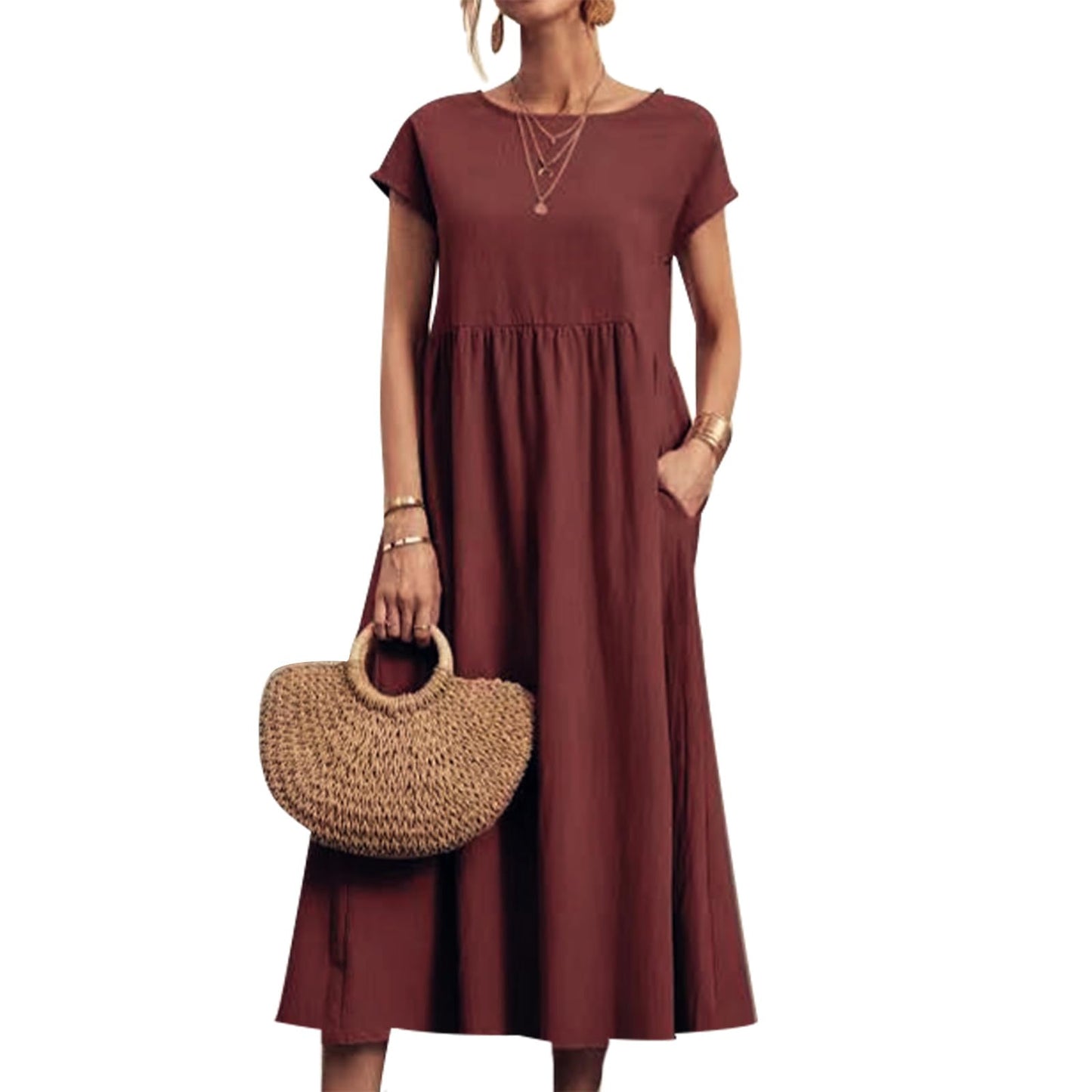 FONDBERYL Cotton Linen Dress for Women Short Sleeve Casual Crew Neck Loose Maxi Summer 2026 Beach Vacation Dress with Pockets