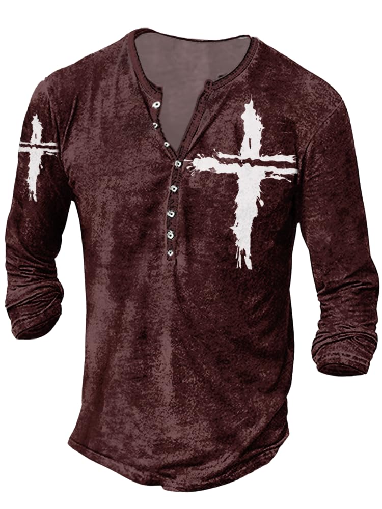 JiffPom Mens Henley Shirts Christian Shirt Jesus Cross Retro Long Sleeve Casual Button Down Washed T-Shirts Boy's Tops