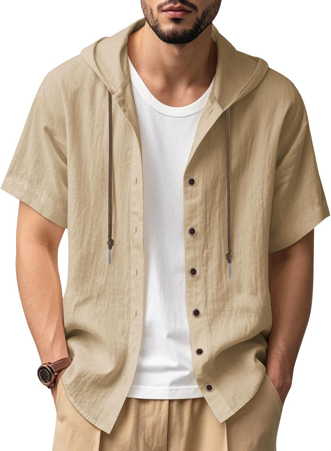JiffPom Mens Shirts Solid Color Linen Short Sleeve Casual Loose Fit Button Down Shirts with Hoodies Summer Beach Tops