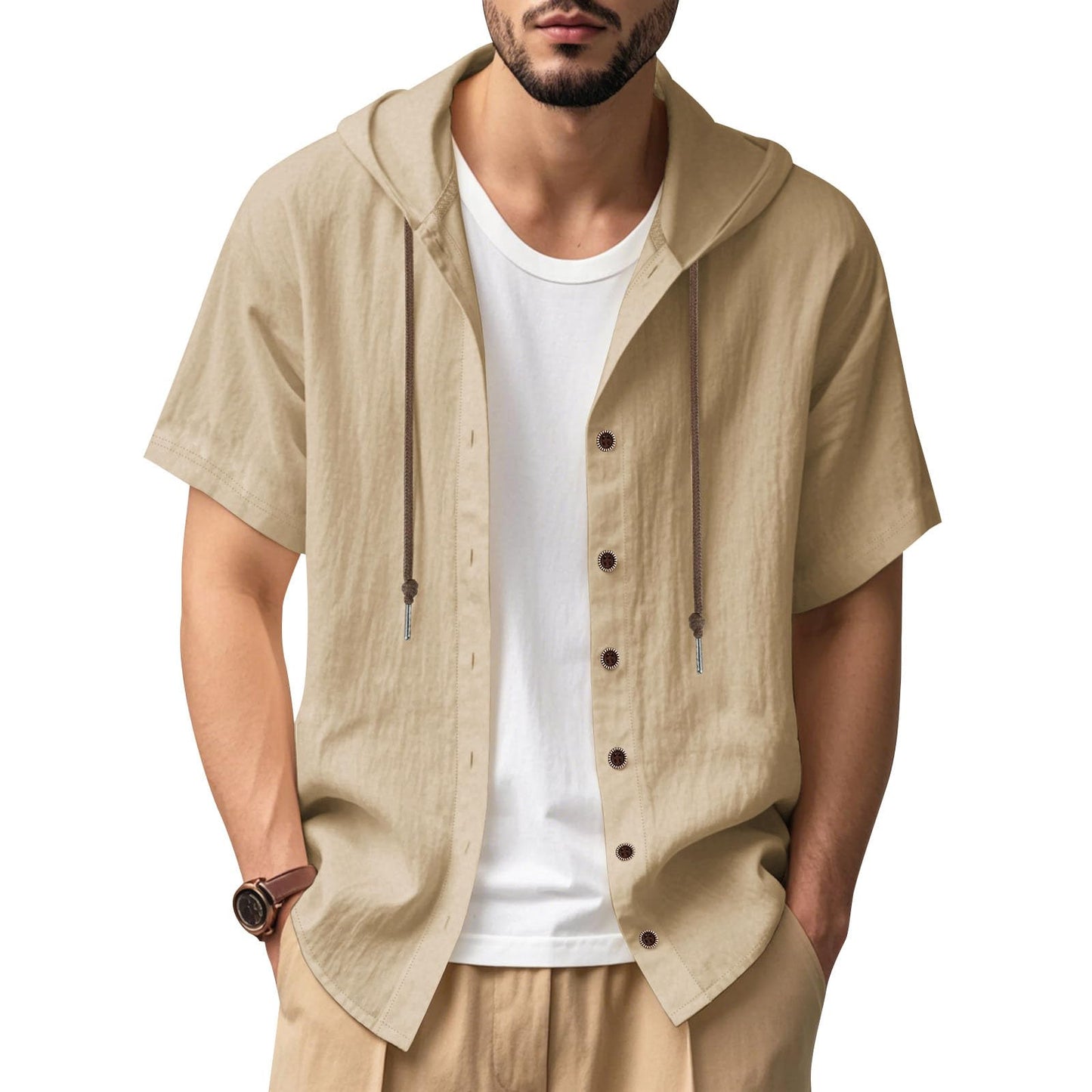JiffPom Mens Shirts Solid Color Linen Short Sleeve Casual Loose Fit Button Down Shirts with Hoodies Summer Beach Tops