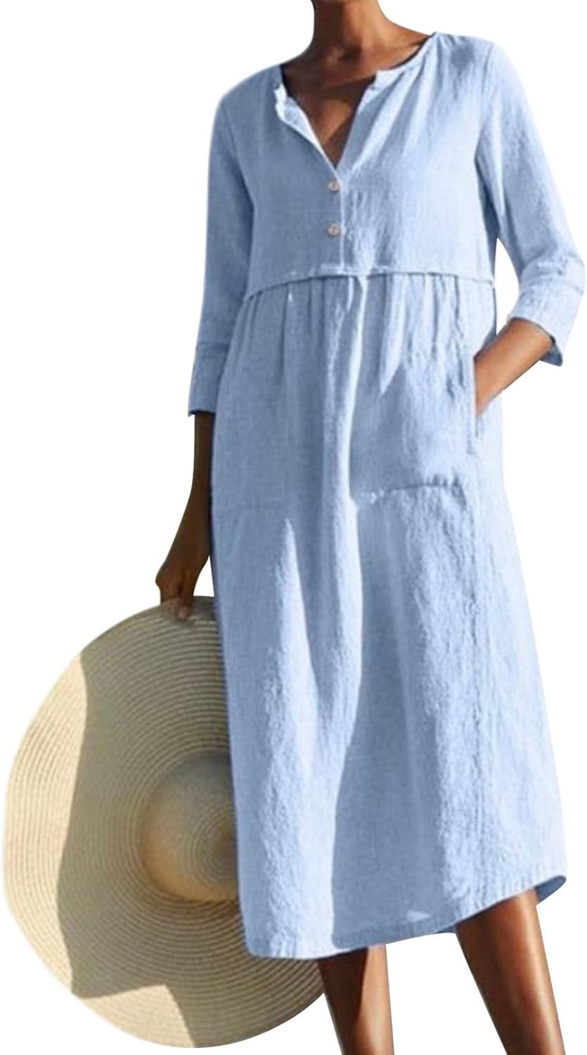 Embryform Womens Cotton Linen Button Down Shirt Midi Dress, Crew Neck 3/4 Sleeve Loose Casual Spring Summer Dress with Pockets