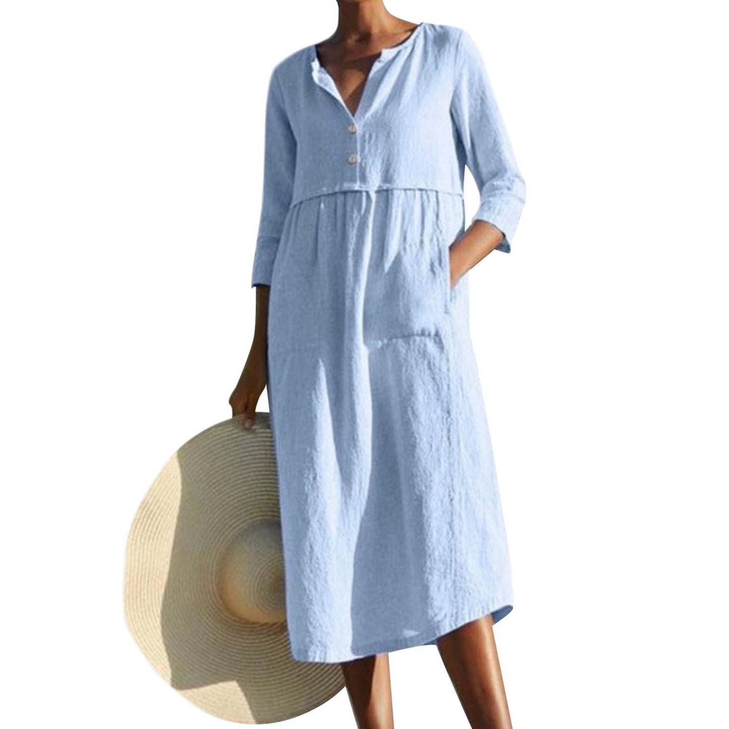 Embryform Womens Cotton Linen Button Down Shirt Midi Dress, Crew Neck 3/4 Sleeve Loose Casual Spring Summer Dress with Pockets