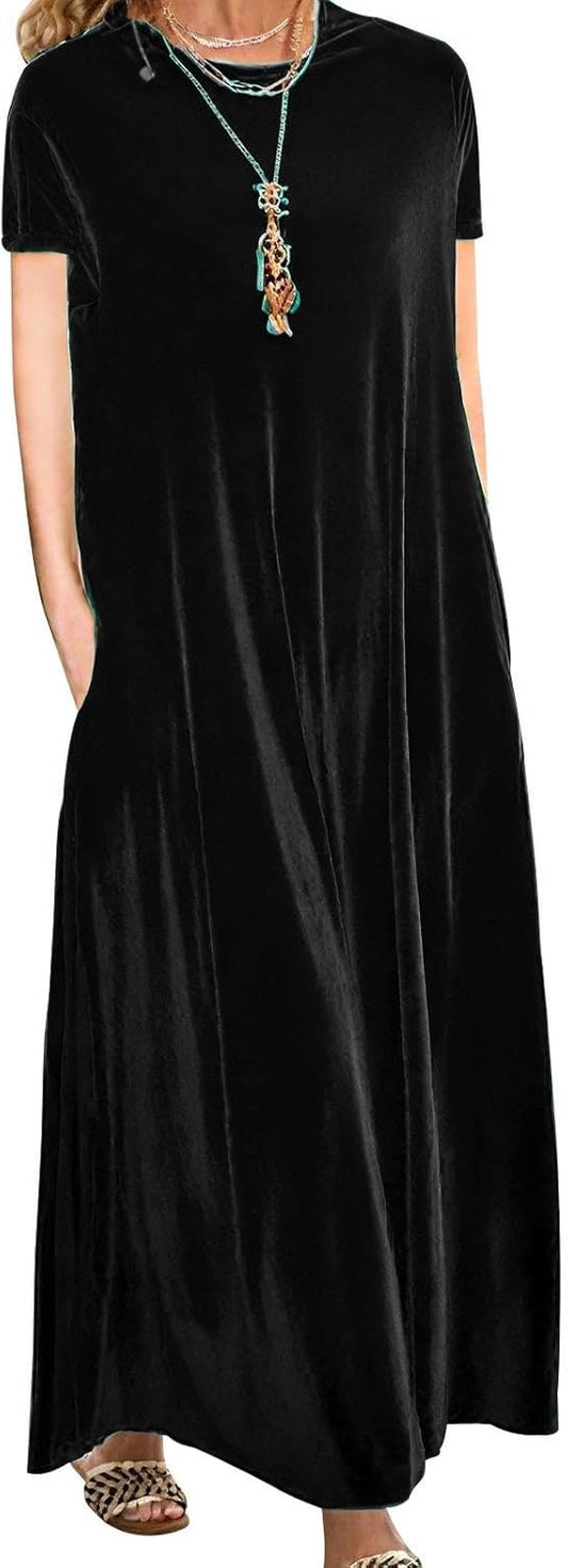 Embryform Velvet Dress for Women Spring Maxi Dress 2026 Plus Size Short Sleeve Velvet Casual Loose Elegant Crew Neck with Pocket