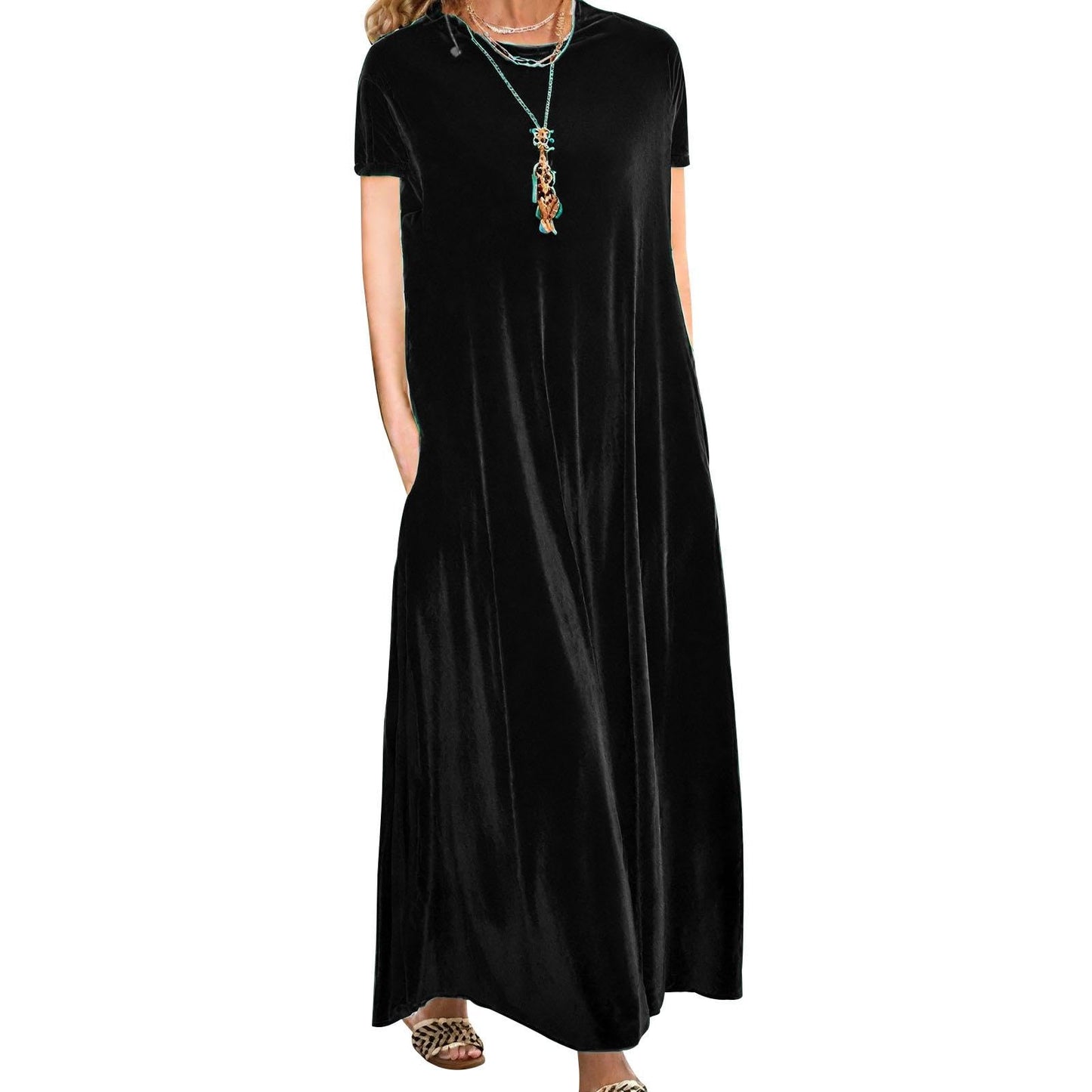 Embryform Velvet Dress for Women Spring Maxi Dress 2026 Plus Size Short Sleeve Velvet Casual Loose Elegant Crew Neck with Pocket