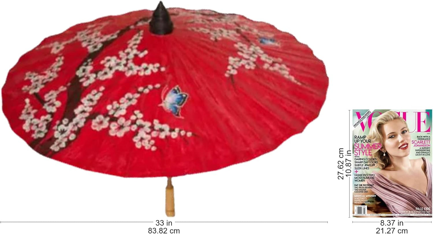 JiffPom Artisan Handmade Saa Paper Parasol Thai Cherry Blossom Bamboo Red White Bamboopaper Thailand Decor Accessories Home Accents Upcycled Aurora Fiesta Animal Themed Floral East Meets West Friendly