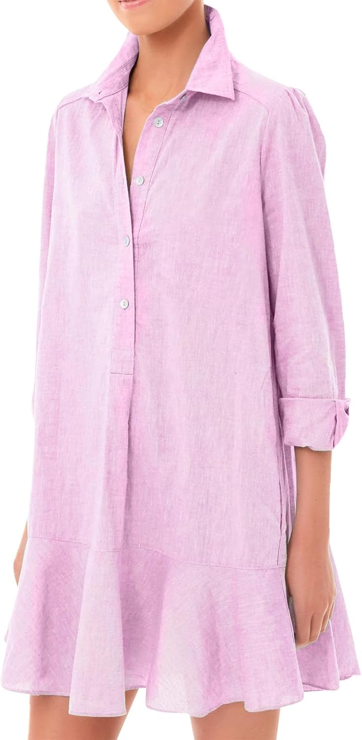 JiffPom Tunic Shirt Dress for Women, Casual Cotton Linen Button Up Long Sleeve Mini Shift Dress with Ruffle Hem and Pockets