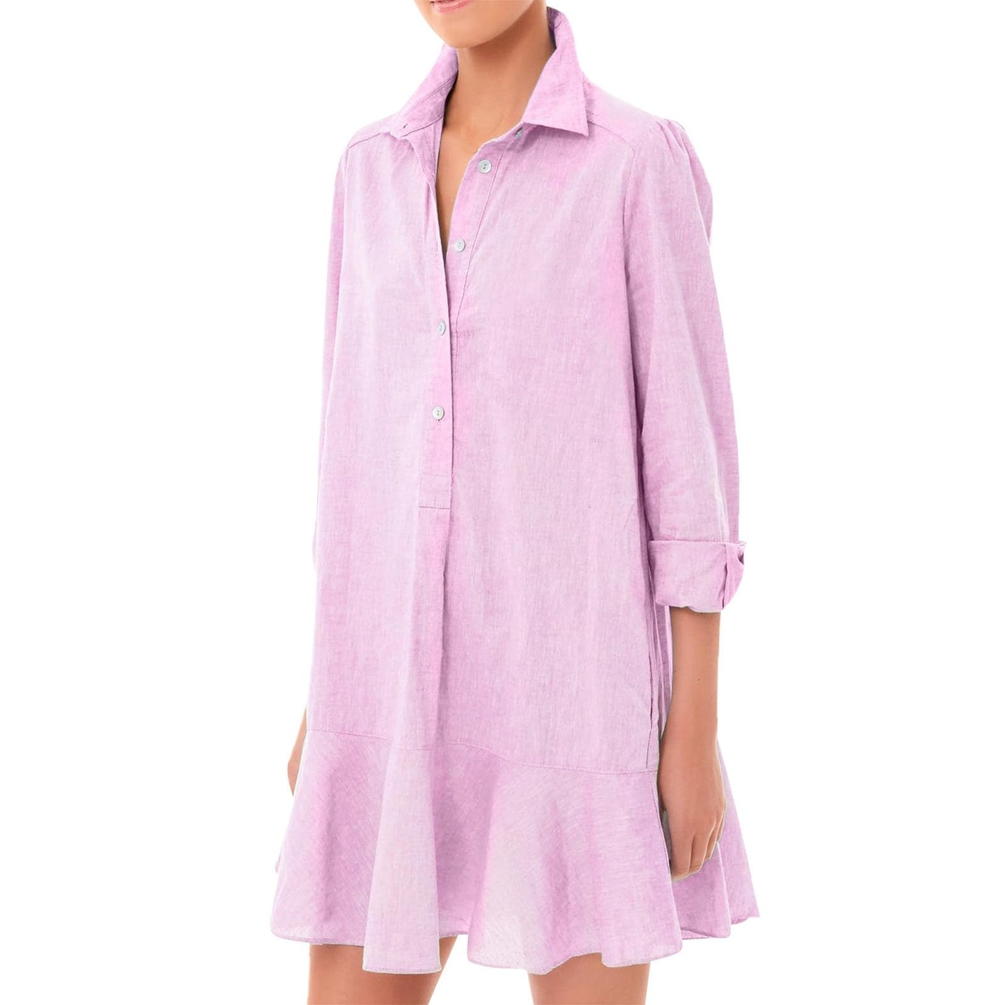 JiffPom Tunic Shirt Dress for Women, Casual Cotton Linen Button Up Long Sleeve Mini Shift Dress with Ruffle Hem and Pockets