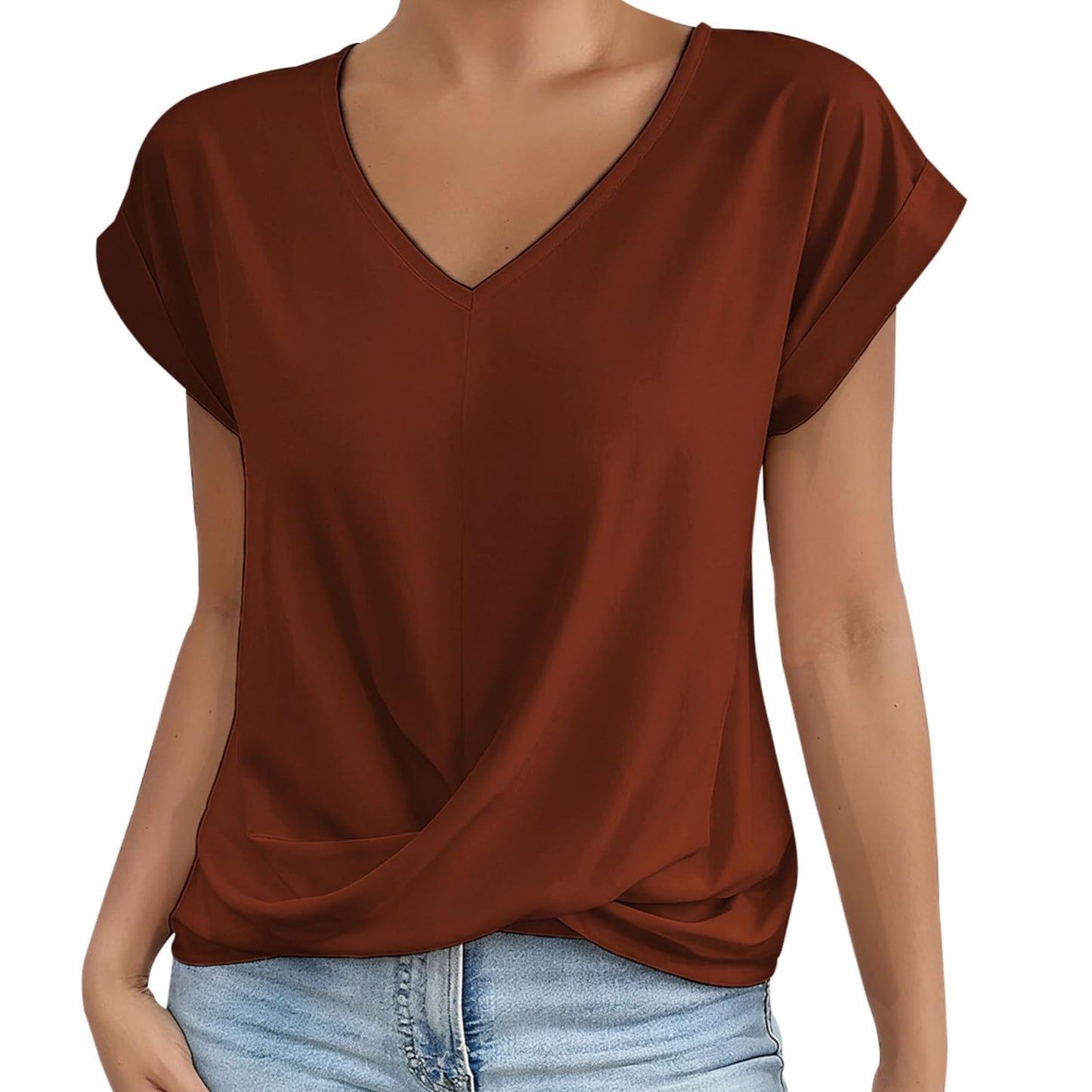Alivebody Shirts for Women Summer Tops 2025 V Neck Blouse Short Sleeve Casual Polyester Fashion T-Shirts