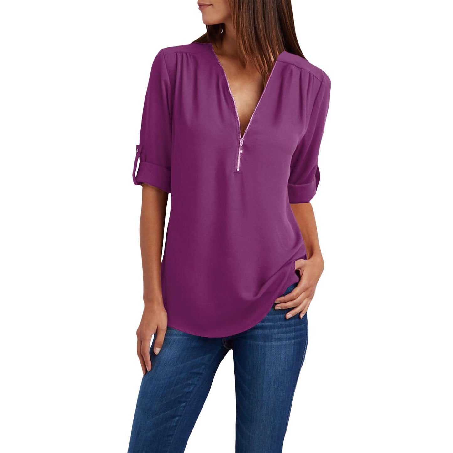 WAZZAP Women‘s Chiffon Tops, Zip Up V Neck Long Sleeve Shirt Roll Up Sleeve Loose Fit Tunic Tops Casual Trendy Chiffon Blouse