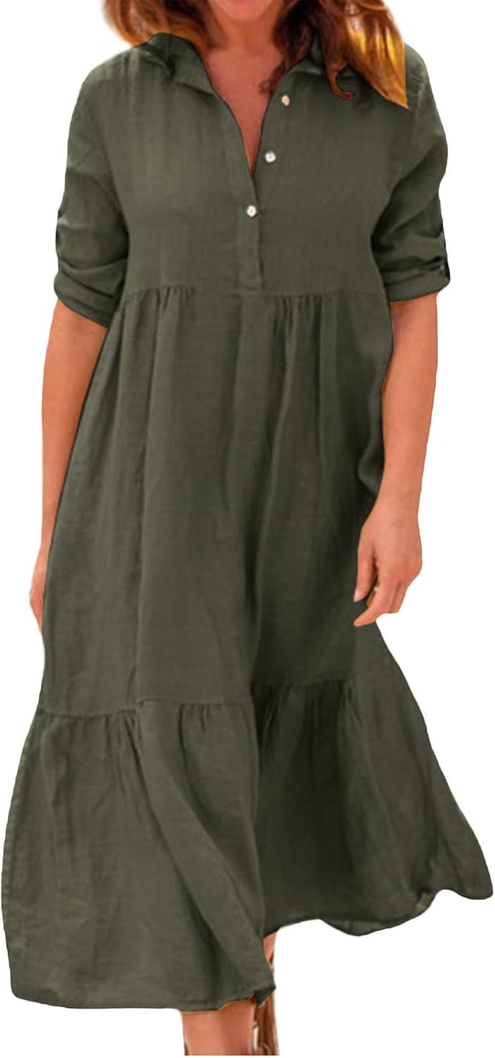 Alivebody Womens Button Down Shirt Dress, Cotton Linen Long Ruffle Hem Loose Half Sleeve Casual Summer Maxi Dress with Collar