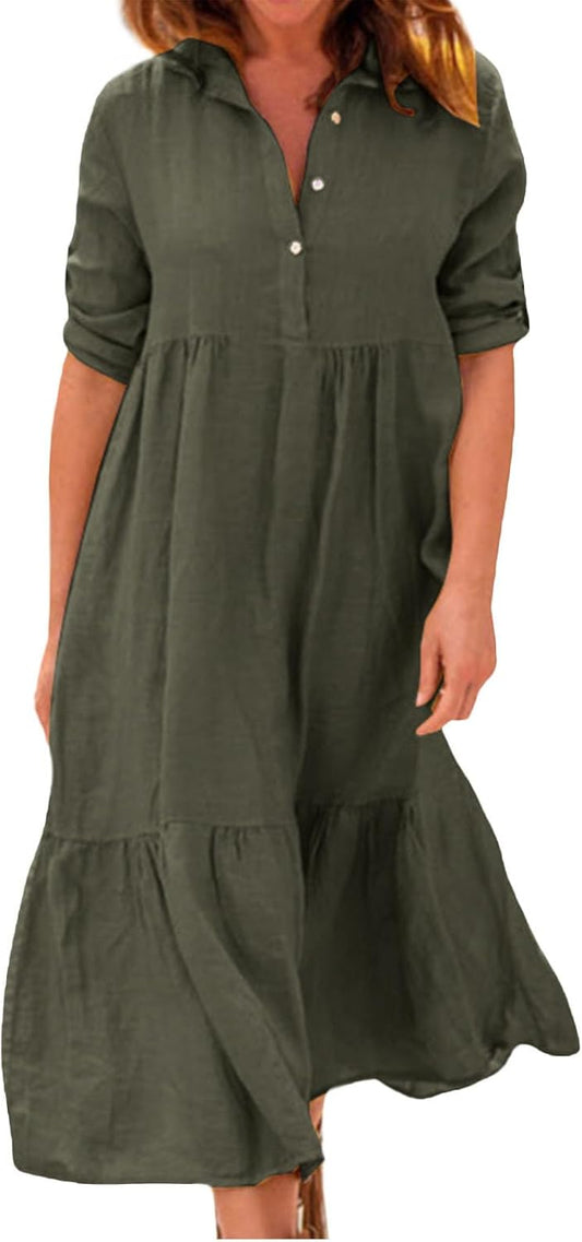 Alivebody Womens Button Down Shirt Dress, Cotton Linen Long Ruffle Hem Loose Half Sleeve Casual Summer Maxi Dress with Collar
